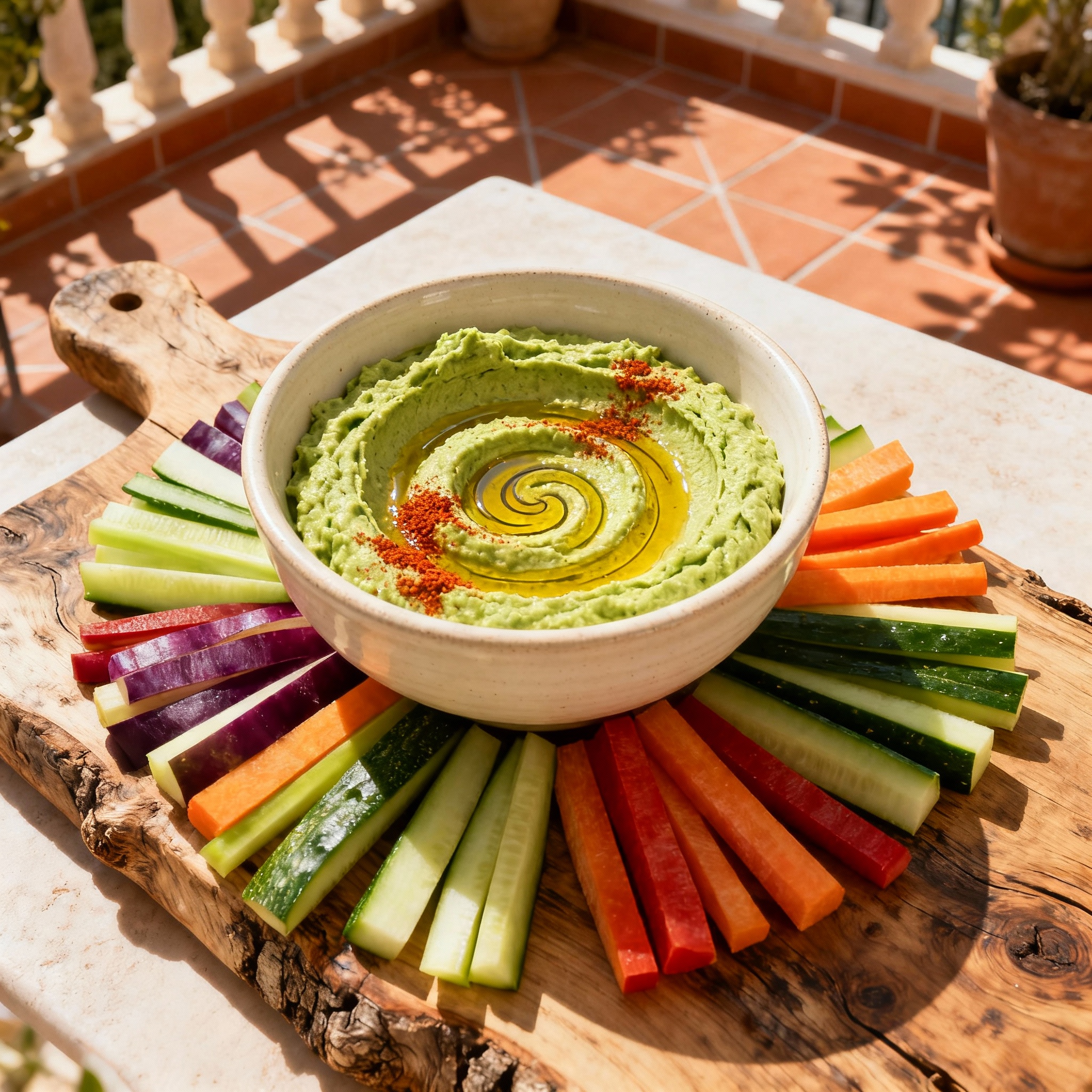 Wolffia Hummus with Rainbow Veg Sticks